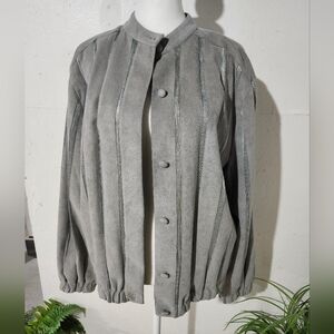 St. Croix Knits Womens Gray Faux Suede Metallic Striped Bomber Jacket Large VTG‎